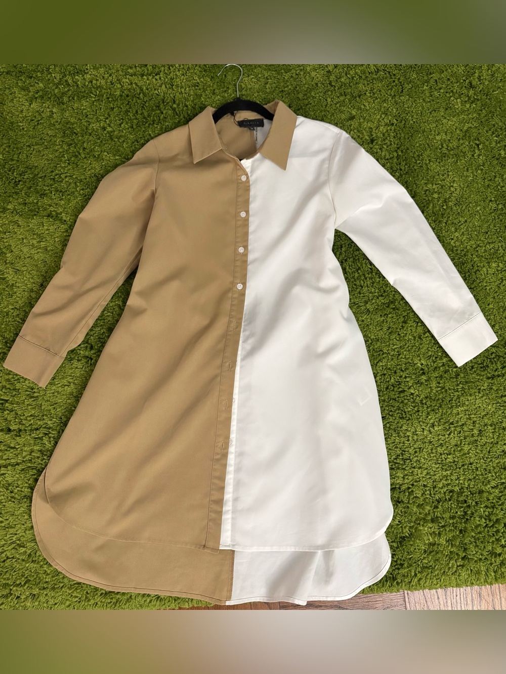 Two-Tone Shirt Dress - Beige and White